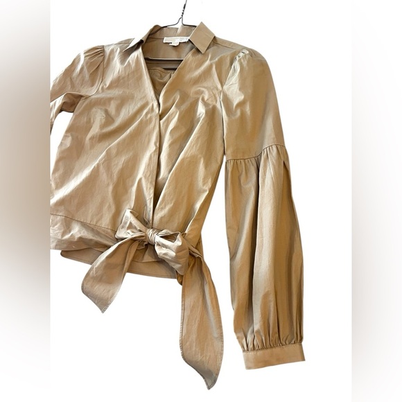 MICHAEL MICHAEL KORS Wrap Balloon-Sleeve Top Khaki Solid Collared Sz XS - Picture 4 of 10